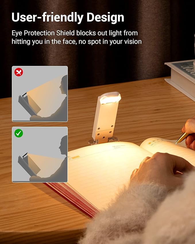 DEWENWILS Book Reading Light, Rechargeable Booklight for Reading at Night, Clip on LED Book for Kids, Bookworms, Blue Light Blocking, 4 Brightness Adjustable for Eye Care (White)