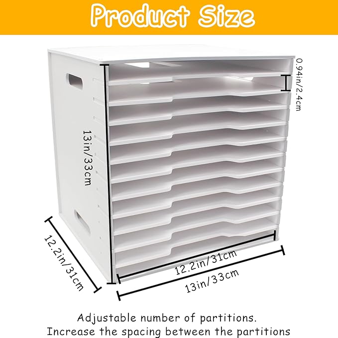12 Tier Scrapbook Paper Organizer - 13" x 13" Scrapbook Paper Organizer Storage, Desk File Sorter Storage Craft & Stamp Cardstock Storage Rack for Home Office & Classrooms