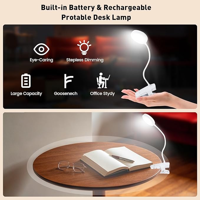 Cordless Clip on Desk Lamp with Clamp, 30 Lighting Modes (6 Colors x 5 Dimming Levels) Eye-Protect 450 Lumen, 360° Flexible Gooseneck & Foldable, Clip on Light for Bed Headboard / Puzzle,White 2 Pcs