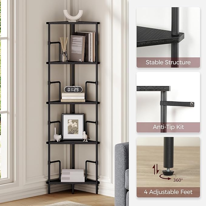 MAHANCRIS 52.8" Corner Shelf, 5-Tier Industrial Corner Bookshelf with Metal Frame, Small Plant Stand, Display Shelf for Living Room, Bedroom, Home Office, Small Spaces, Black CSBK5501