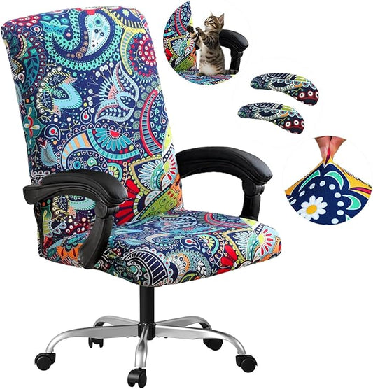 Office Chair Cover,Removable Desk Chair Cover with Zipper,Stretch Anti-dust Universal Rotating Office Seat Slipcover,Washable High Back Computer Seat Protector for Pets (Blue, Large | Armrests)