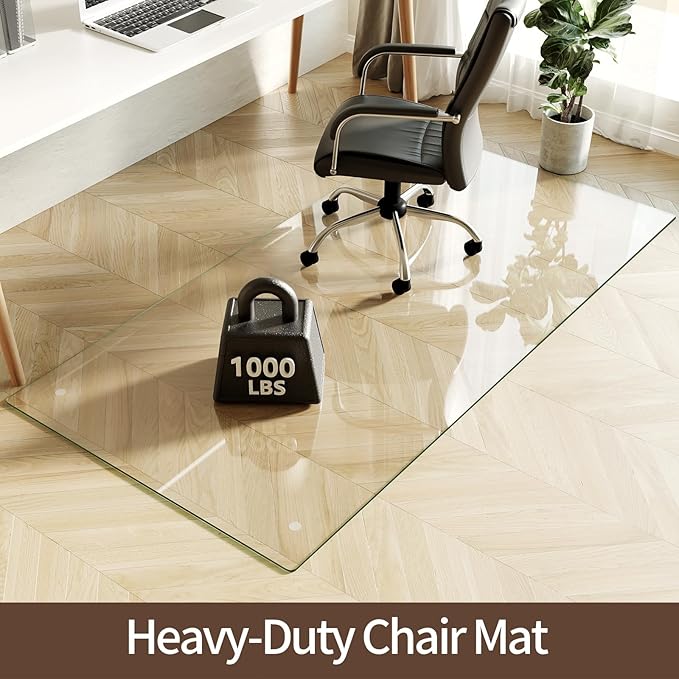 Koonmi Tempered Glass Chair Mat 40"x80" - Premium Office Chair Mat for Hardwood Floors & Low-Pile Carpet with 4 Non-Slip Pads - Thick Scratch-Resistant Surface
