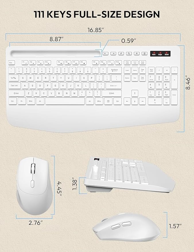SABLUTE Wireless Keyboard and Mouse, Wrist Rest, Phone Holder, Batteries Included, 2.4G Lag-Free Ergonomic Keyboards Mouse Combo, Silent Keyboard Cordless Set for Computer, Laptop, PC, Windows, White