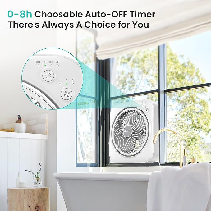 AMACOOL Table Fan, 12 inch Box Fan with 3 Speeds & 8HRS Timer, 270° Pivoting Quiet Air Circulator, Desktop Fan for Bedroom Bathroom Kitchen Office, AC Adapter Included, Co-Branded with Cmyfato-White