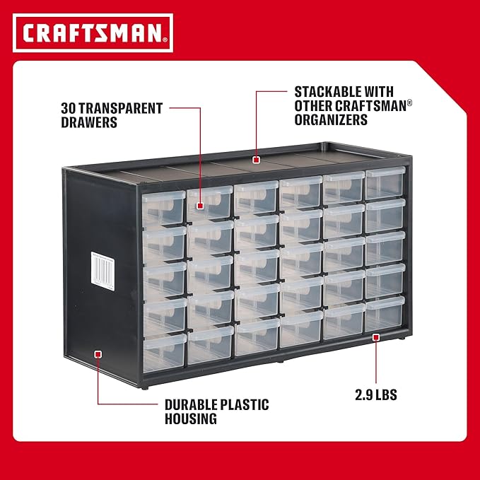 CRAFTSMAN Storage Organizer, 30 Small Drawer Modular Storage System, Easily Stackable, Plastic, Black, White (CMST40730)