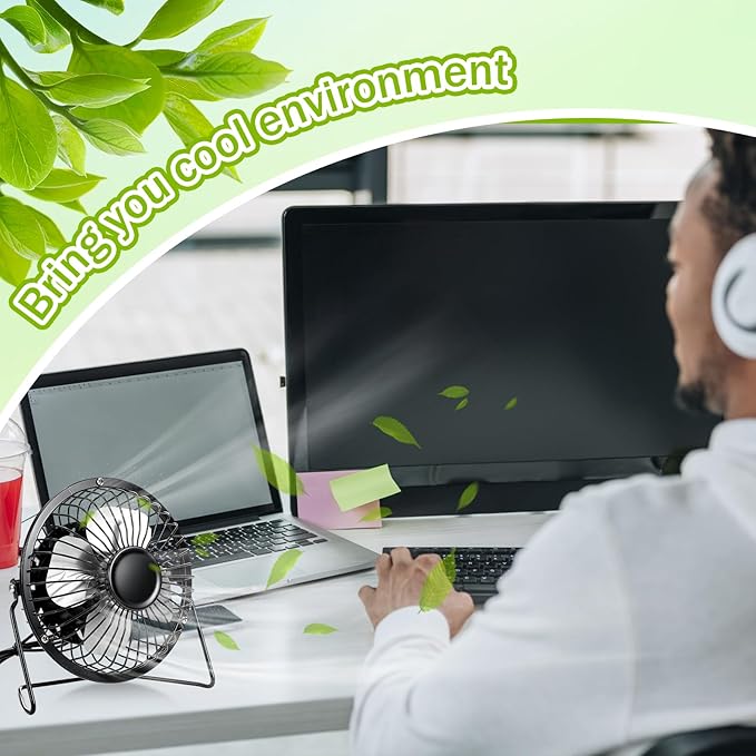 Glooglitter 2 Pcs 4" USB Small Fan Powerful Quiet 360° Adjustable Rotation Personal Metal Mini Desk Fan Summer Electric Ideal for Home Office Bedroom Desk Airflow Cooling, USB Powered Only(Black)