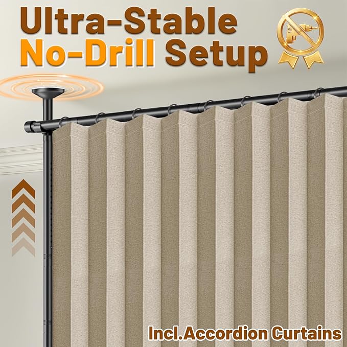 AJAZZ Room Divider Curtain (Beige, W100 x L96 in, 1 Panel)+ Curtain Rods No Drilling Adjustable Tension (H) 43-120×(W) 35-100 in, Heavy Duty Wall Divider for Apartment/Dorm