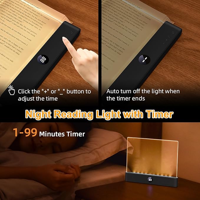 Book Light, Rechargeable Reading Lights for Books in Bed - Eye Caring 3 Color Temperatures, Stepless Dimming Brightness, Timer, Long Lasting, Portable Flat Book Light for Book Lovers (Black)