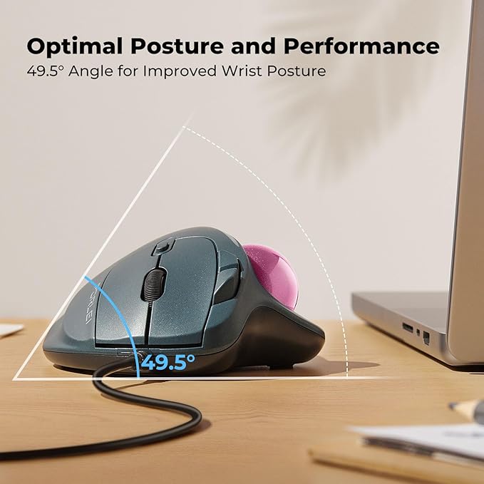 Wired Trackball Mouse with RGB Lighting, Ergonomic Thumb Control to Reduce Muscle Strain, 5 Adjustable DPI, Dual USB-C & USB-A Connectivity, Compatible with PC, Laptop, Mac, Windows (E-Pink)
