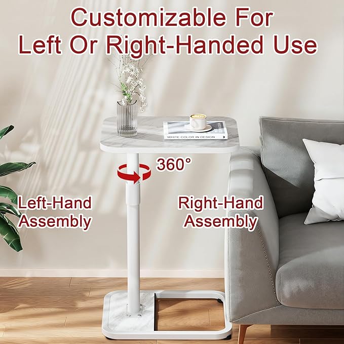 GOYLSER C Shaped Tv Trays Living Room End Table End Stand, White Marble Minimalist Wooden C Table for Sofa, Height Adjustable Tv Tray Tables Side Table for Dinner Eating