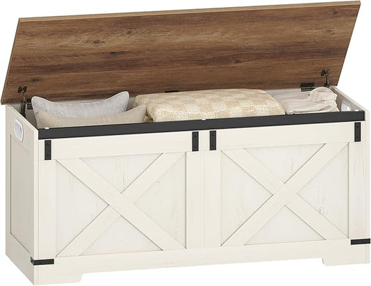 Hzuaneri 42.9" Storage Chest, Large Storage Trunk with 2 Hinges, Farmhouse Wooden Box Bench, Lift-Top Organizer Chest, Entryway Trunk for Bedroom, Living Room, White and Brown SB10914X