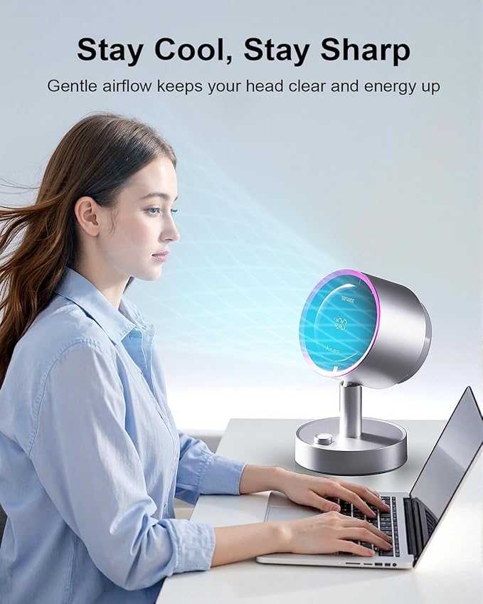 SOTHING Desk Fan with Built-in Filter, 120° Oscillating Air Circulator Fan with 100 Speeds, Digital Display, USB-C Rechargeable, Quiet Small Table Fan for Bedroom, Office, Dorm, Home – Silver