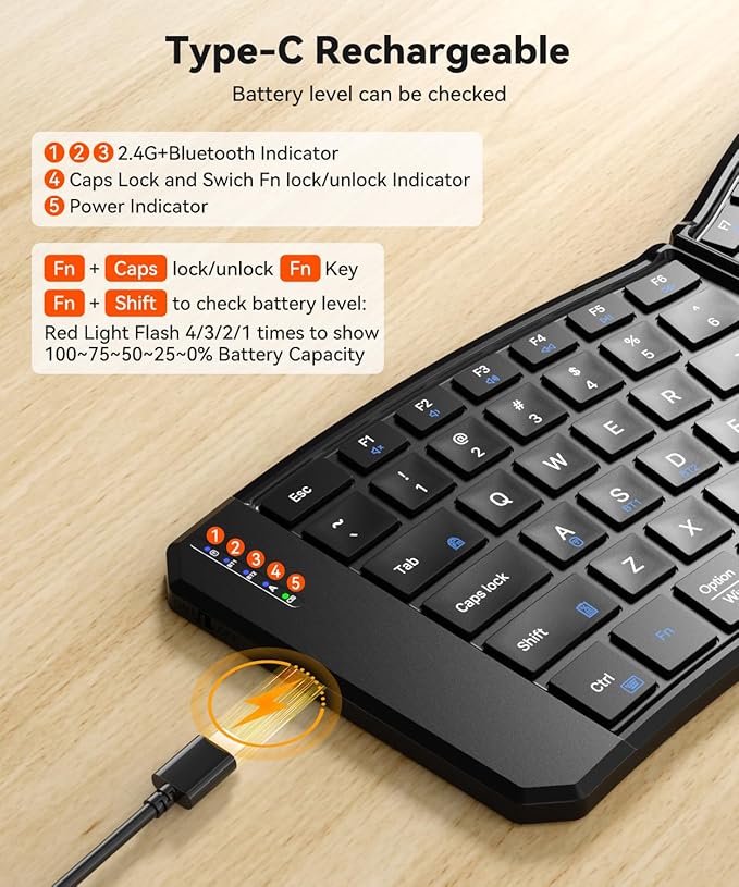 Ergonomic Foldable Keyboard, Portable Folding Travel Bluetooth Keyboard for Business and Travel, 3 Devices Dual-Mode(2.4G+BTx2) Ultra Slim Wireless Keyboards for Windows, iOS, Android, Use on the Leg