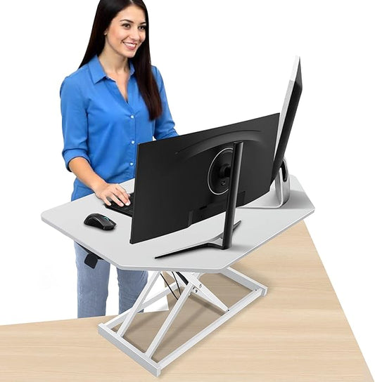 34 inch White Corner Height Adjustable Standing Desk Converter, One-Click Sit to Stand up Desk Riser, Pre-Assembled Dual Monitor and Laptop Workstation