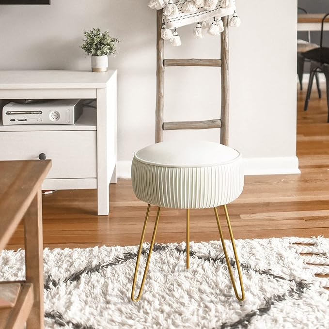 LUE BONA Pleated Vanity Stool, Velvet Upholstered Vanity Stool for Makeup Room, Round Stool for Vanity, Ottoman Footrest Stool with Metal Legs for Living Room, Bedroom, White