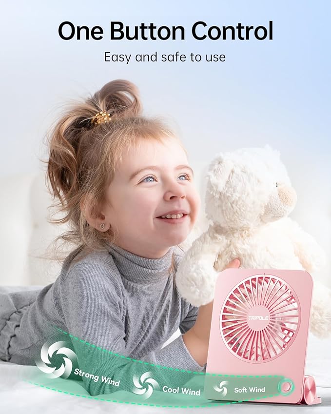 TriPole Desk Fan Small Portable Fan 2000 mAh Rechargeable Battery Ultra Quiet 4.5 Inch Mini Travel Fan with 180° Tilt Folding and 3 Speeds Adjustable for Home Office Desktop Pink