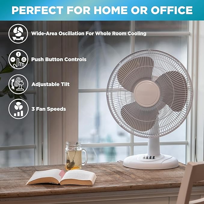 EZ-CHILL 16” Oscillating Table Fan with Adjustable Tilt, Convenient Push Button Controls, Quiet, 3 Speed, Desk Fan, Airflow 15.75 ft/sec, Ideal for Home, Bedroom, Dorm & Office, MTFD-16