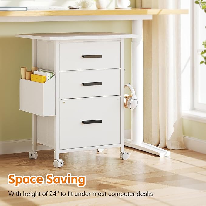 Mexin 3 Drawer File Cabinet with 24'' Extended Desktop, Mobile Filing Cabinet, Printer Stand, Rolling Printer Stand with Side Bag, Fabric Drawer, Fits A4 Size, Home Office, White