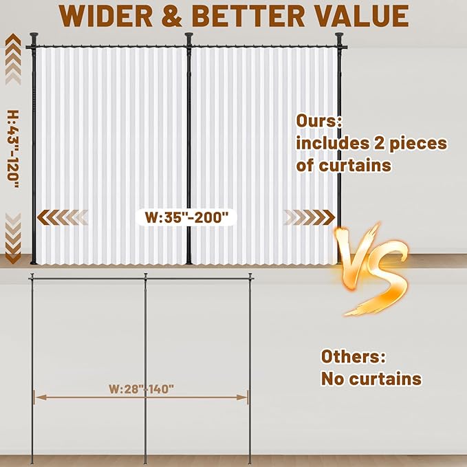 AJAZZ Privacy Curtains for Room Divider with Blackout & Soundproof (2 Panels, White, W100 x L96 in)+ No Drill Curtain Rod(H) 43-120×(W) 35-200 in, Wall Divider for Bedroom/Studio/Office Curtain