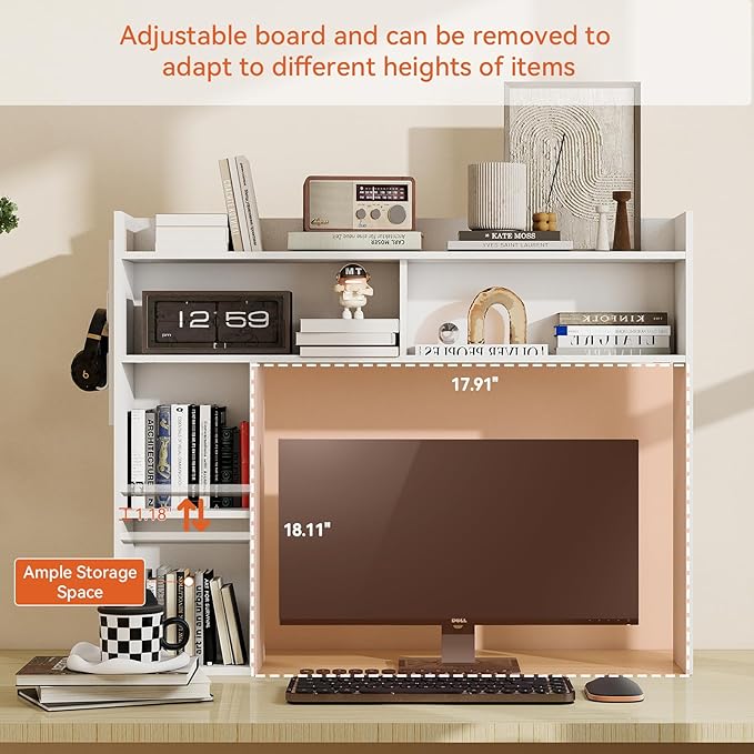 ELECWISH Desktop Bookshelf, Desk Shelf for Computer Desk, 33.46" 5-Tier Adjustable Desktop Hutch Organizer with Pegboard for Home Office, White