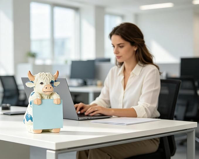 Highland Cow Pop-up Sticky Note Dispenser, Includes 1 Pad of 3x3 in Super Sticky Notes, 100 Sheets, Resin Cute Handmade Desk Holder for Office & Home-Blue