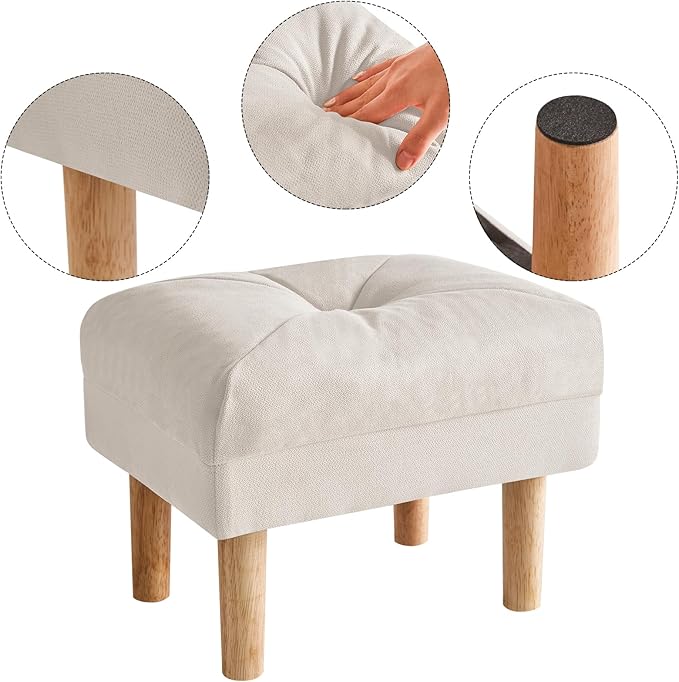 YMYNY 15.75" Small Foot Stool Ottoman, Footrest with Sponge Soft Padded Seat, Cotton-Linen Blend Fabric Footstool for Sofa, Bedroom, Living Room, Entryway, Solid Wood Legs, Beige, UHBD023M
