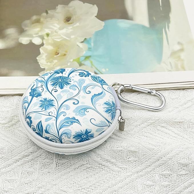 Earbud Case Headphone Organizer Ear Bud Case Portable EVA Carrying Box Storage Bag with Carabiner for AirPods Beats Bose Galaxy Buds 4/3/FE Data Cable Storage (Blue Floral)
