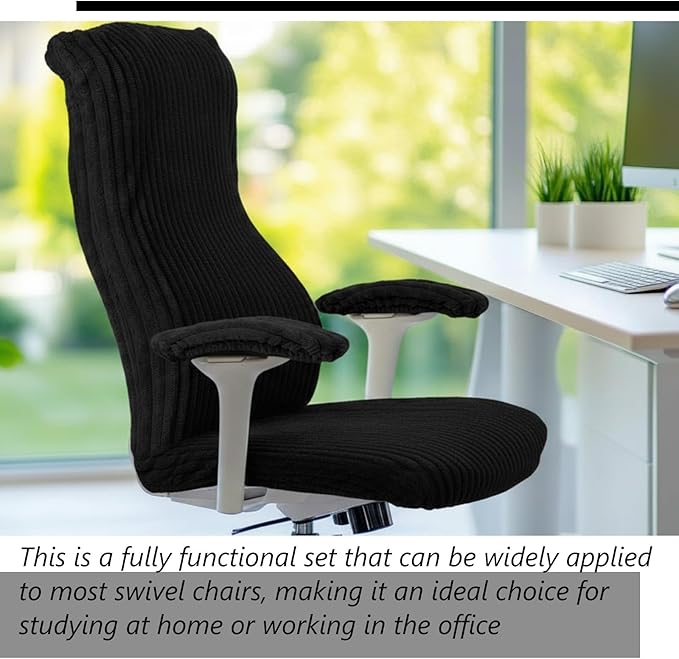 Tegeme Set of 4 Faux Fur Office Chair Covers Set with Armrest Covers, Computer Universal Stretchable Chair Seat Protector Washable Jacquard Computer Seat Slipcovers for Home Office (Black)