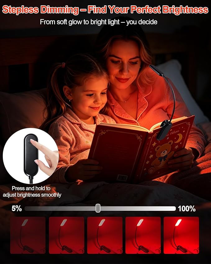 670nm Red Book Light for Reading at Night [1 Pack] - Zero Blue Light, Dimmable Reading Lights for Books in Bed, LED Book Lamp Clip on, Gift for Students Parents Nurse Studying Travel