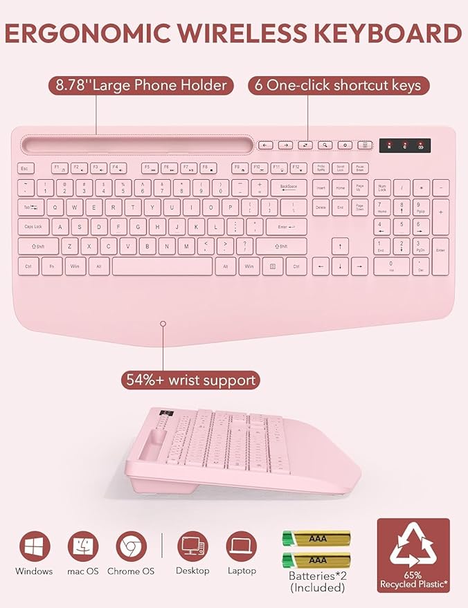 Wireless Keyboard and Mouse, Wrist Rest, Phone Holder, Batteries Included, 2.4G Lag-Free Ergonomic Keyboards Mouse Combo, KM23D Silent Keyboards Set for Computer, Laptop, PC, Windows, Pink -SABLUTE