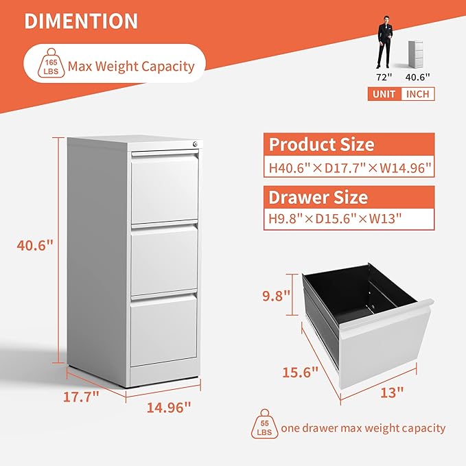 IKIMI 3 Drawer File Cabinet with Lock,Metal Filing Cabinets for Home Office,Steel Vertical File Cabinet,Heavy Duty Metal Storage Cabinet for A4/Letter/Legal Size Files,Assembly Required