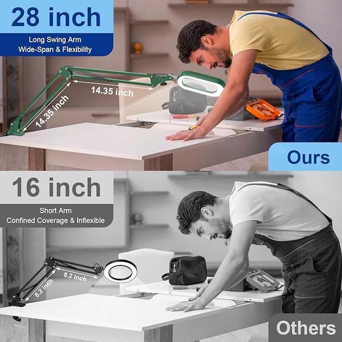14.35" Large Magnifying Glass with Light and Clamp, Real Glass, 5 Color Modes, Stepless Dimmable, Lighted Magnifier with Stand Hands Free, LED Swing Arm Desk Lamp for Close Work, Craft, Green
