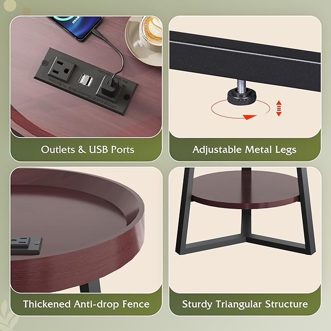 WLIVE Small Round Side Table with Charging Station, Round Coffee Table, 2 Tier End Table for Living Room/Bedroom, Sofa Couch, Easy to Assemble, Wood Tabletop & Metal Frame, Brown