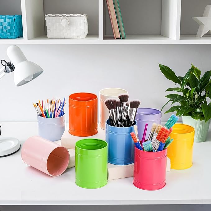 Tlence 9 Pack Metal Pen Holder, Colorful Desktop Pencil Cup, Mini Stationary Supplies Buckets, Round Makeup Brush Storage Organizers for Office Home School Classroom Accessory, 3.5 x 4.5 Inches
