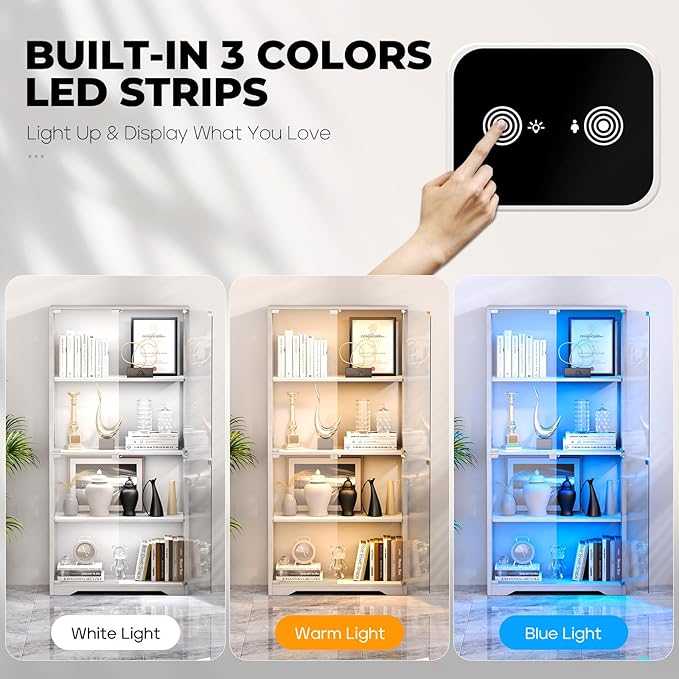 BROTTAR Display Cabinet with Glass Doors, 4-Tier Curio Cabinet with 3 Color Lights for Collectibles, Glass Display Case with Human Body Sensor, Bookcase with 4 Shelves, Storage Cabinets, White
