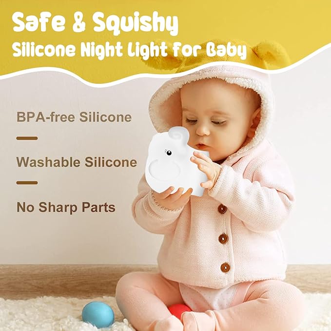 Baby Night Light for Car Seat- Dimming Function 9 Colors Changing Eye Caring Portable Rechargeable & Timing Bedside Lamp Light Up Toddler Bed Room Travel Essentials Squishy Silicone Infant BPA Free