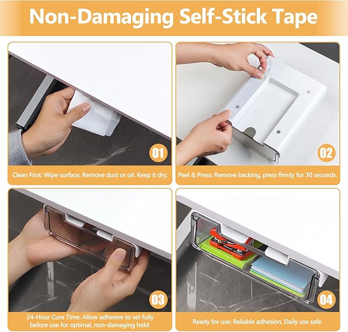 Under Desk Storage Drawer Self-Adhesive Easy Hidden Desktop Organizer, Attachable Clear Acrylic Storage Tray Under Table Drawer for Home Office School Counters Workstation, 1 Pack