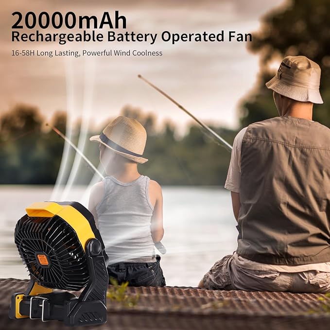 WESTTREE 20000mAh Camping Fan with LED Lantern USB Tpye C Rechargeable Battery Operated Outdoor Tent Fan with Light & Hook, 270° Pivot 4 Speeds, Personal USB Desk Fan for Camping Yellow X26A