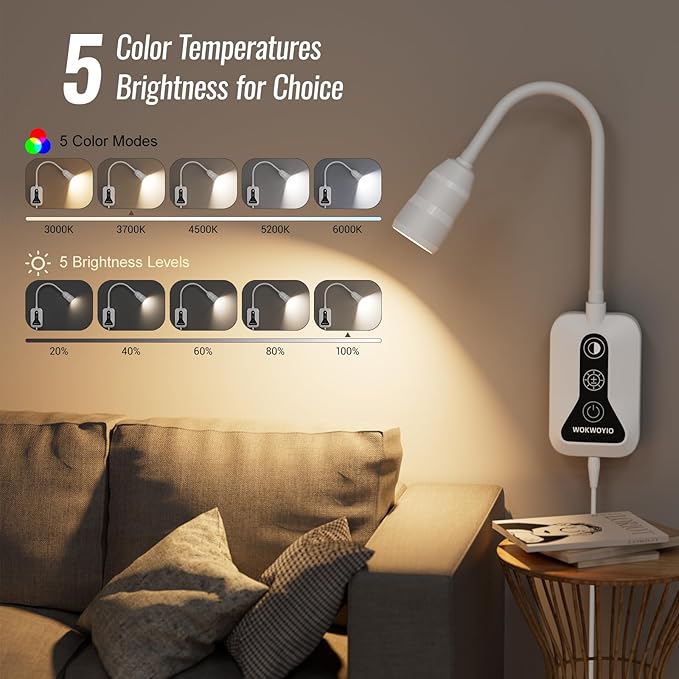 Wall Mounted Reading Light for Bed, Headboard Light with 360° Flexible Arm, Hand Wave Sensor, Focused 60° Beam, 5 Color Temperatures, Stepless Dimming, Memory Function, USB-C Output, White 1 Pack