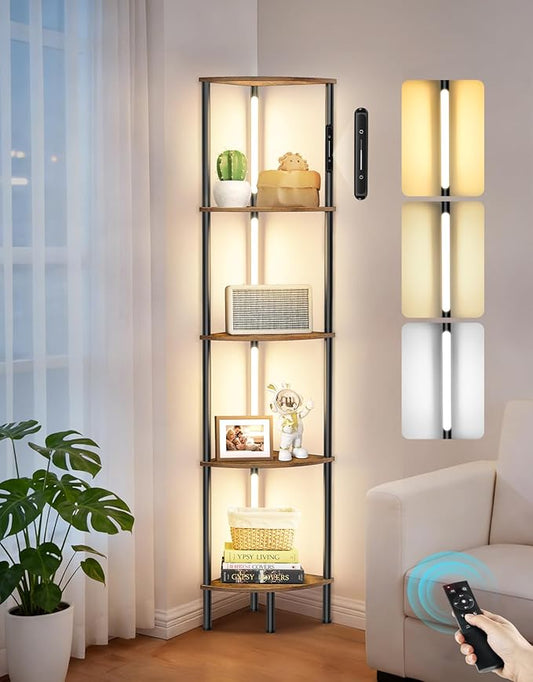 5-Tier Corner Bookshelf with LED Lights, Touch & Remote Control, 3 Color Temperatures, Dimmable Narrow Display Shelf for Living Room, Bedroom, Office(Rustic Brown)