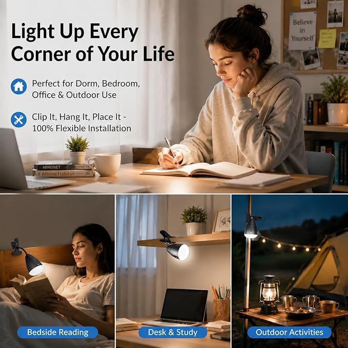 Clip on Light, Rechargeable Desk Lamp, 10 Brightness Levels, 3 Color Modes, 5000mAh Battery Operated, Cordless Reading Lamp with Clamp for Bed, Headboard, Bedside Table