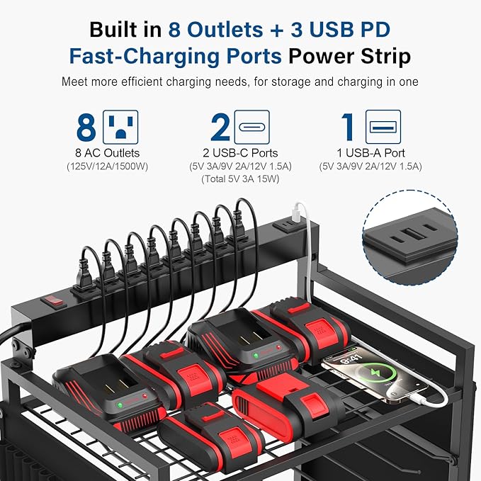 JUNNUJ Garage Large Power Tool Organizer Cart with 8 Outlet 3 USB Charging Station, Floor Rolling Drill and Tools Battery Storage Cart on Wheels, Heavy Duty Utility Rack with 10 FT Power Strip, Black