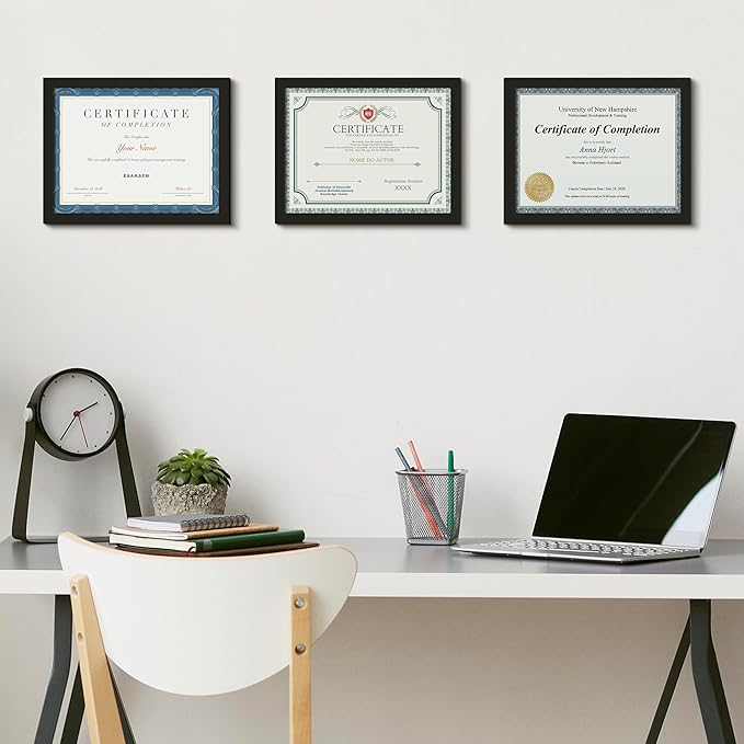 upsimples Certificate Frame with Clear Plexiglass, 8.5 by 11 Picture Diploma Document Degree Frame for Wall and Tabletop, Black, 3 Pack