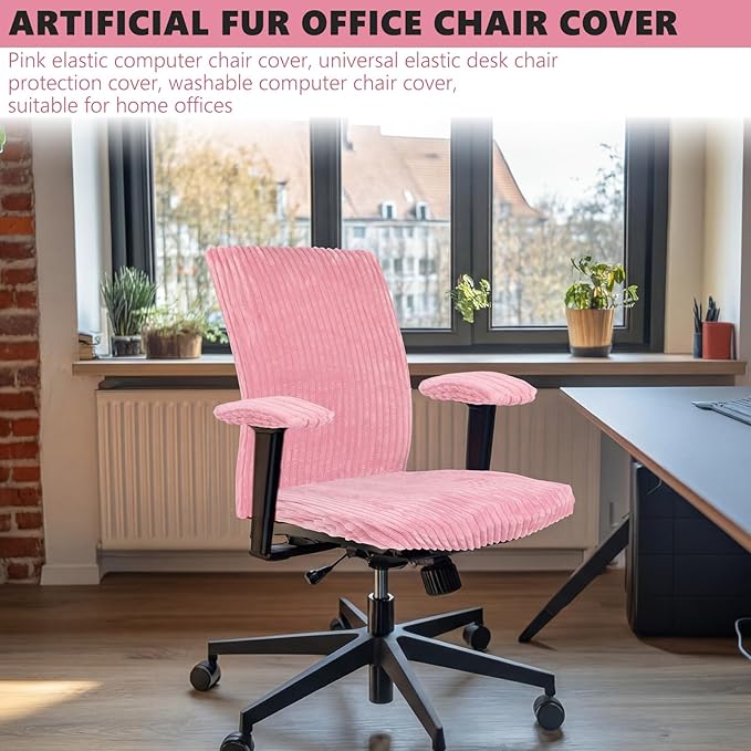 Tegeme Set of 4 Faux Fur Office Chair Covers Set with Armrest Covers, Computer Universal Stretchable Chair Seat Protector Washable Jacquard Computer Seat Slipcovers for Home Office(Pink)