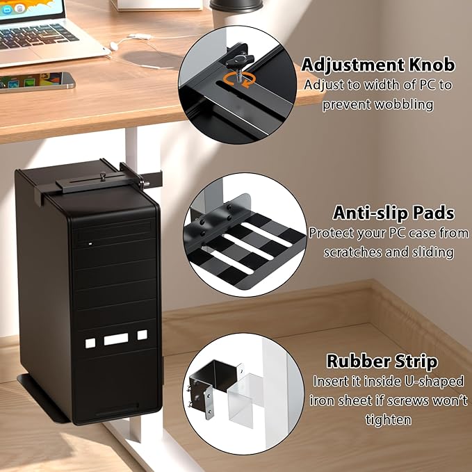 Liitrton Under Desk PC Mount - No Drill PC Holder- Heavy Duty Clamp-On PC Mount for Standing Desk Legs 3.15"(80mm)×1.97"(50mm), Adjustable Height & Width PC Stand Under Desk Computer Mount CPU Holder
