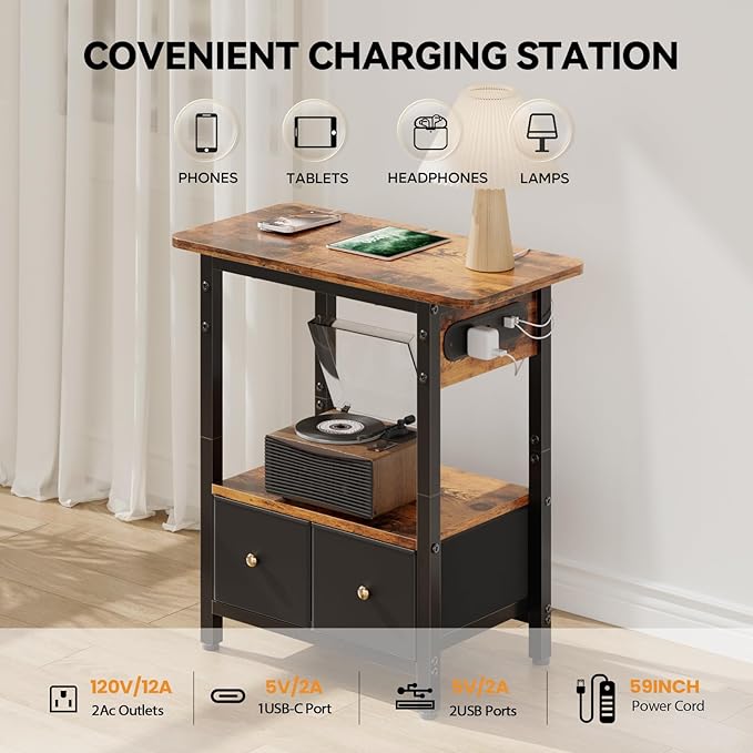 HLDIRECT Nightstand with Charging Station, Bedside Table with 2 Fabric Drawers and Large Storage Shelf for Small Space, End Table with Outlet and USB Ports for Living Room, Bedroom (Rustic Brown)