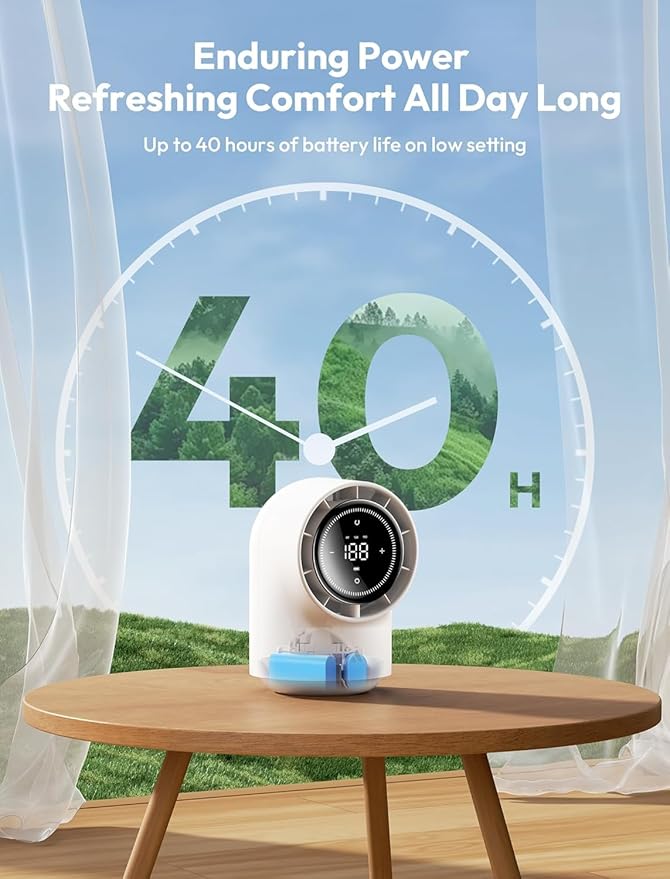Aecooly Touch Control Desk Fan, 100 Speeds Quiet Bedroom Digital Display 8000mAh 3 Oscillation Angles Battery Powered Small Desktop Table Fan for Bedroom, Bedside, Office, Travel -White