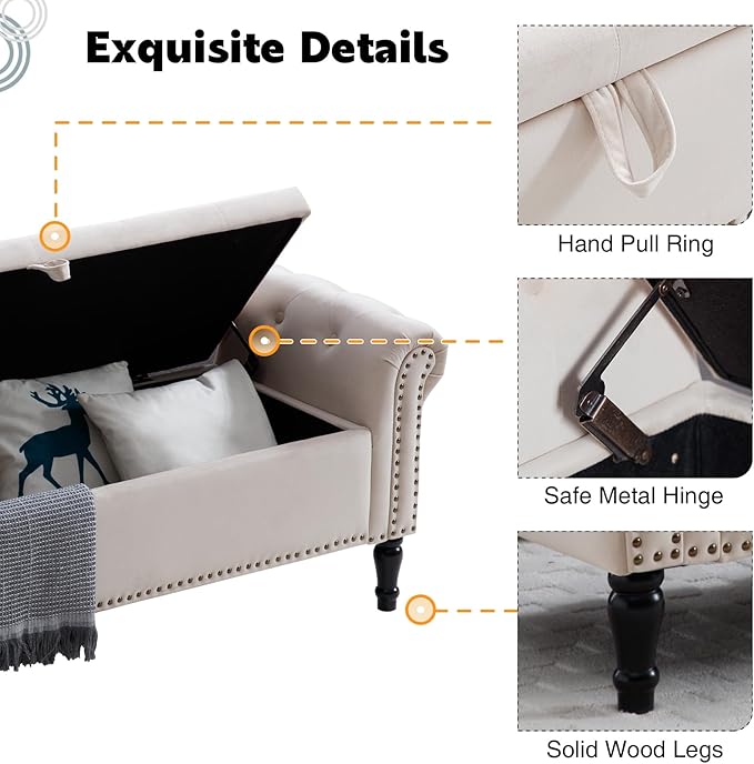 67'' End of Bed Storage Bench King Size, Storage Bench for Bedroom End of Bed, Upholstered Tufted Storage Ottoman Benches with Arms for Living Room, Entryway, Velvet Beige