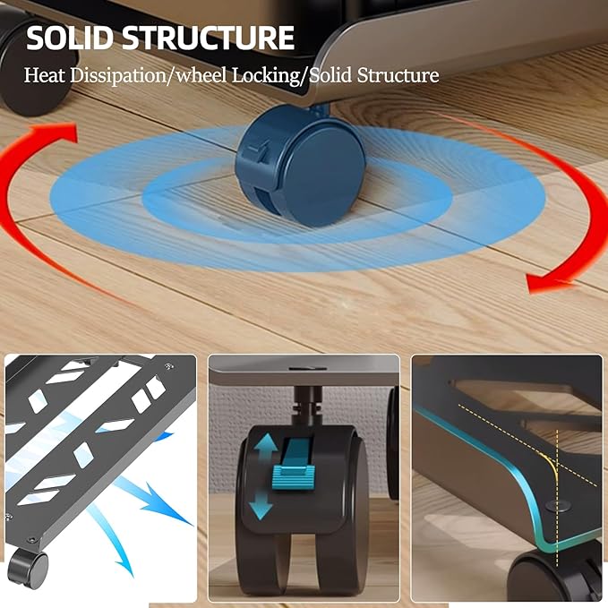 Adjustable Computer Tower Stand, Ventilated Mobile CPU Stand Fits Most PC Tower, Steel Desktop CPU Holder with Rolling Caster Wheels, PC Floor Cart Riser for Gaming Office Desk Accessories