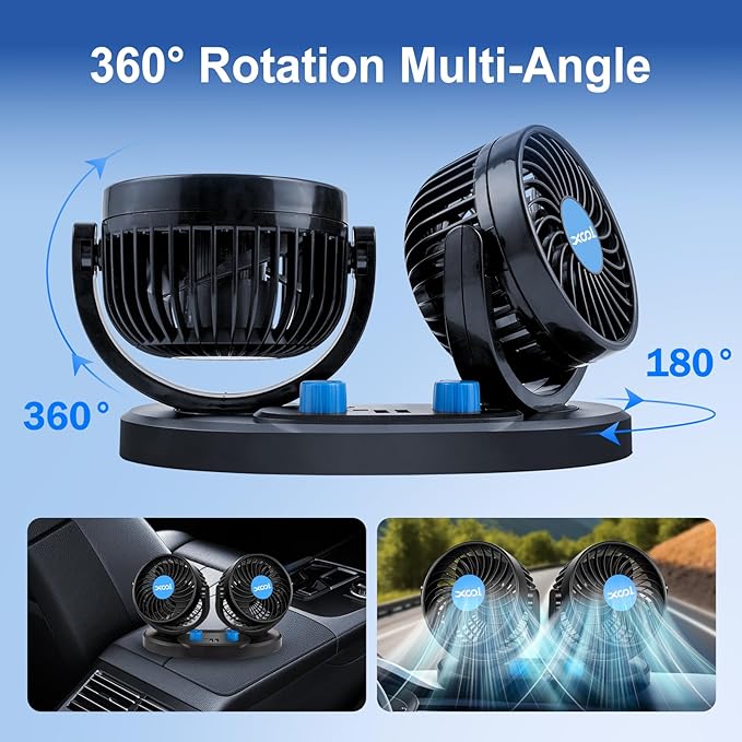 XOOL Car Fan – Car Cooling Fan with 2 USB Charging Ports, 2-Speed Adjustable, 360° Rotatable Dual Head Car Fan Quiet Strong Airflow, Cigarette Lighter Plug, Fan for Car, Vehicles, RVs, and SUVs